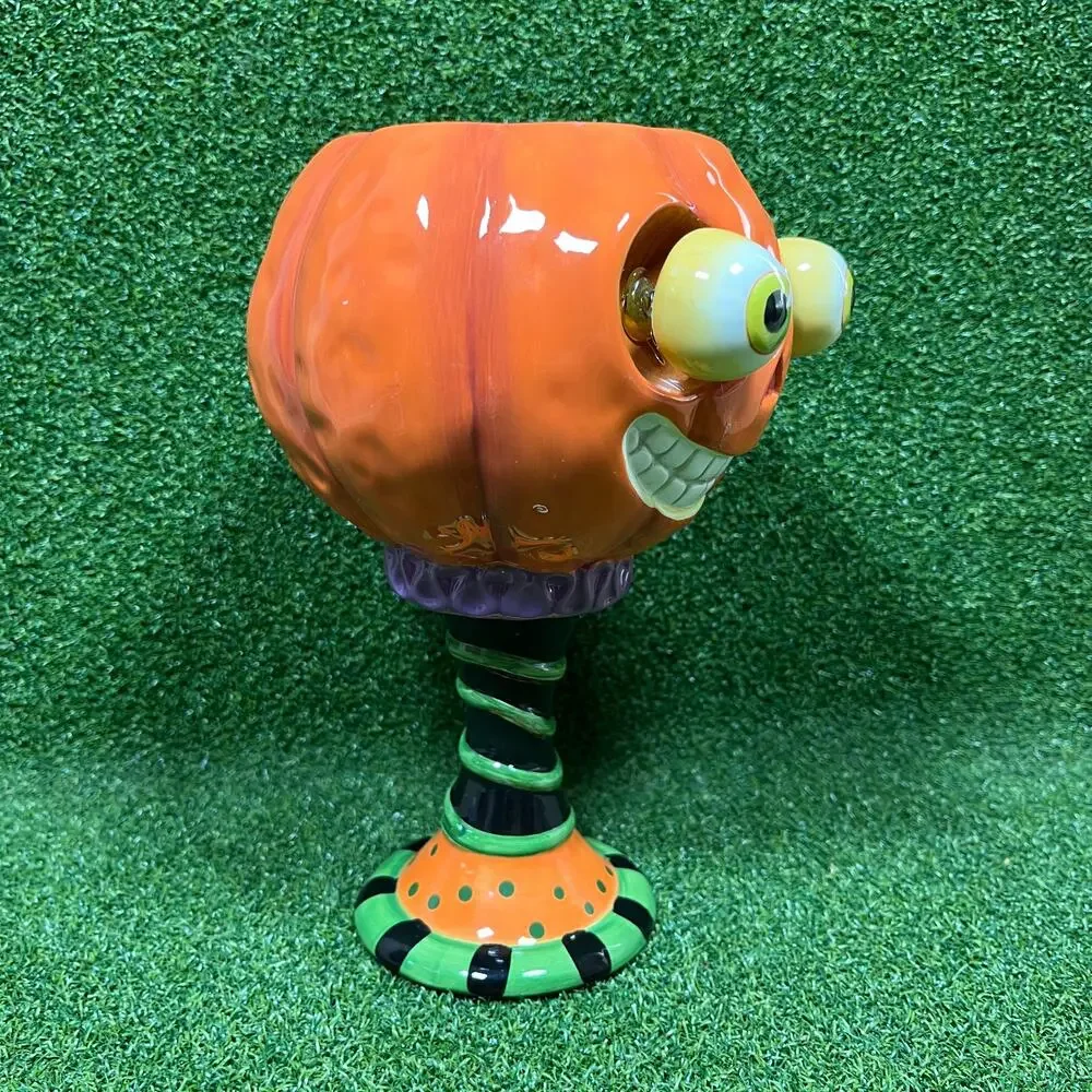 Funky Halloween Pumpkin Pedestal Candy Dish Spring Eyes Ceramic Jack O Lantern